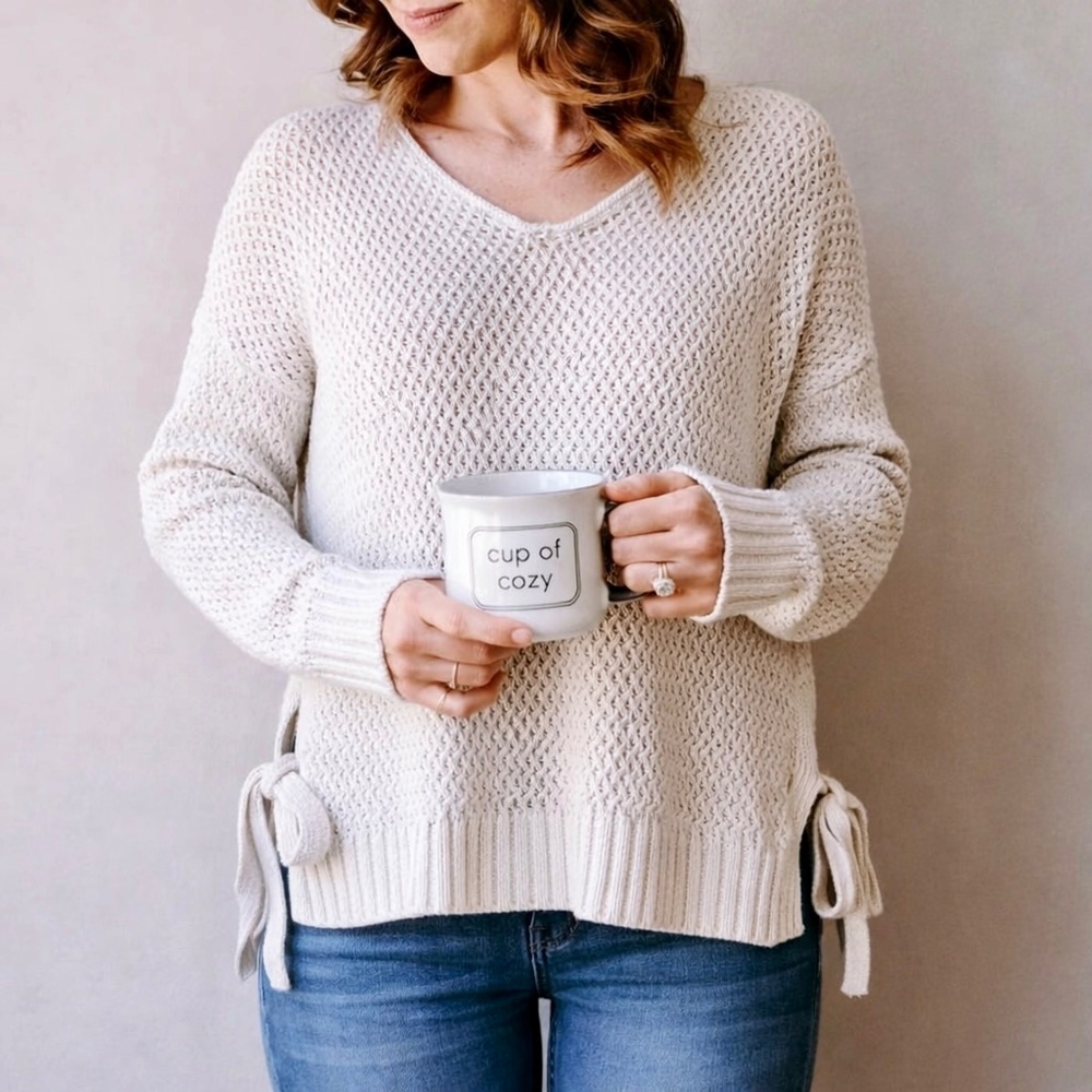 Coastal Casual Small Knit Sweater Side‎ Tie Open Weave Cream